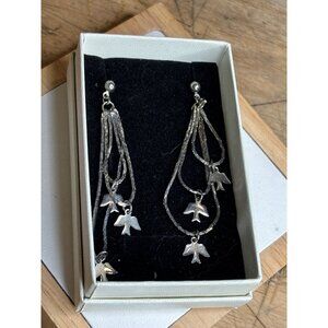 Silver Dangle Earrings With Bird Charms & Twisted Chains For Women